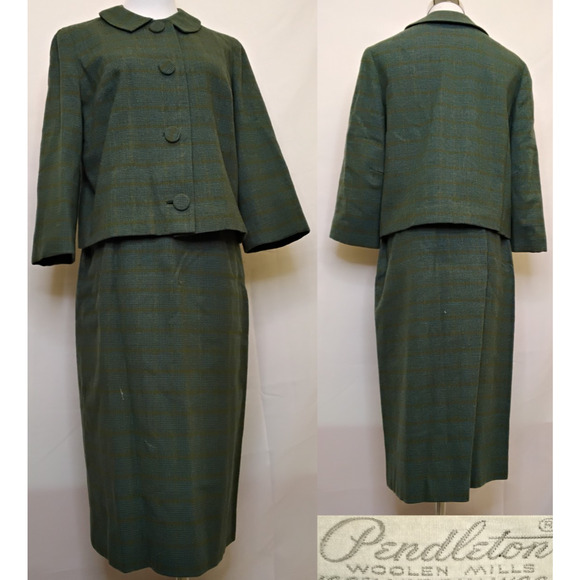Pendleton Jackets & Blazers - Pendleton Skirt Suit Set Women's 14 Green Plaid 100% Virgin Wool 1960s #Z5719